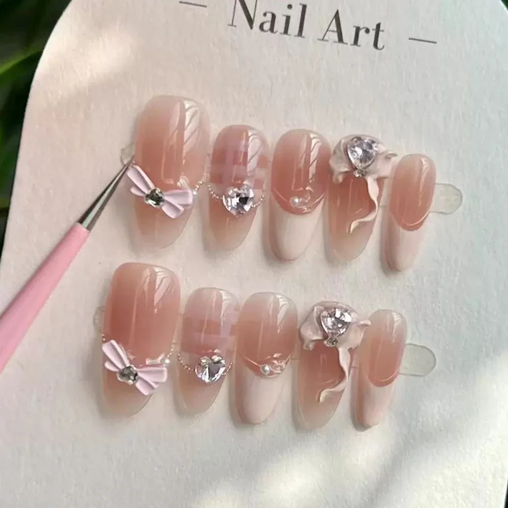 10Pcs Cute Handmade Short Square Round Press On Nail Cartoon Bear Cat Diamond Flowers Design Wearable Full Cover Fake Nails Tips view 6