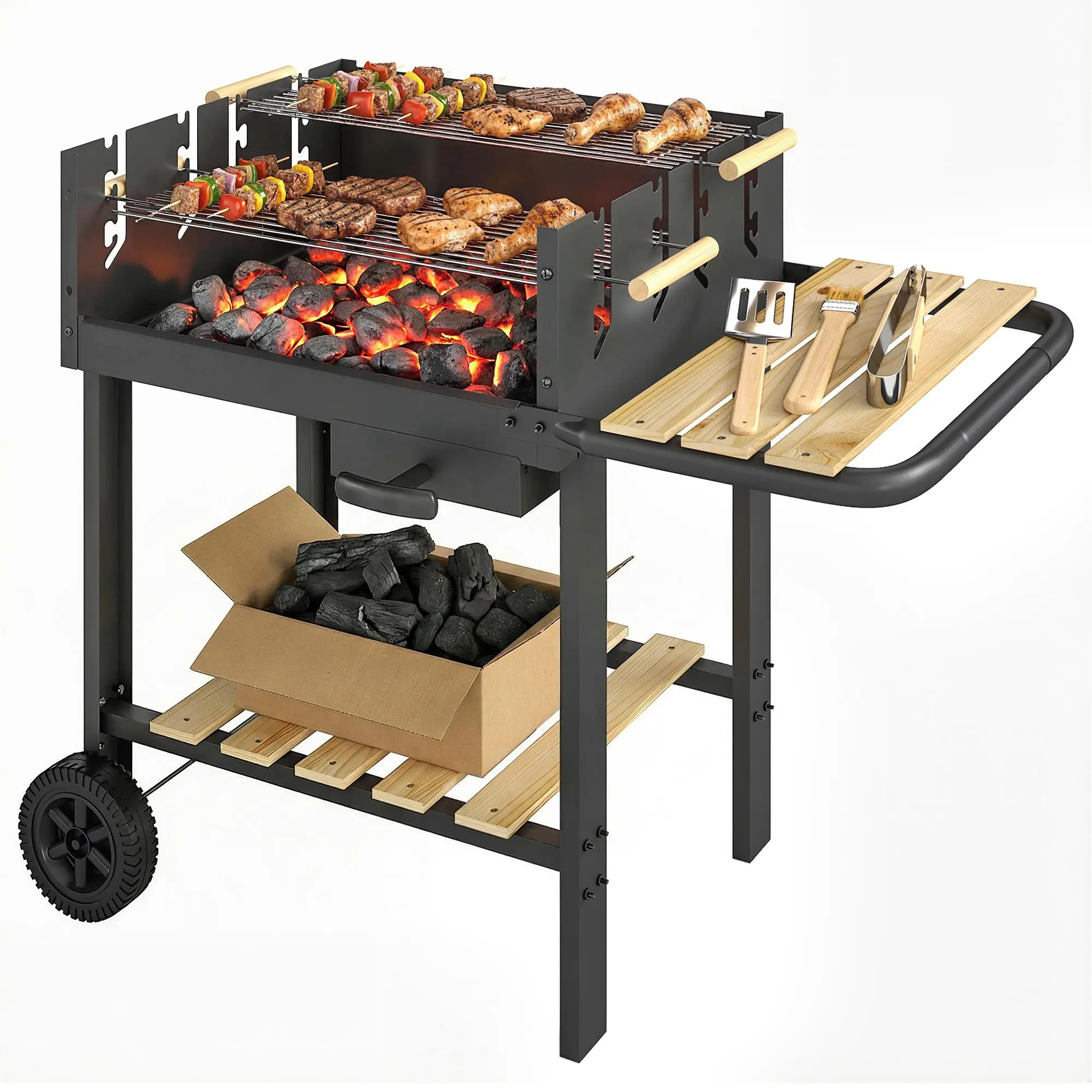 Chariot barbecue au charbon de bois Outsunny, réglable en hauteur sur 4 niveaux, 2 grilles, étagère latérale, bac à cendres 99,5x58x82 cm