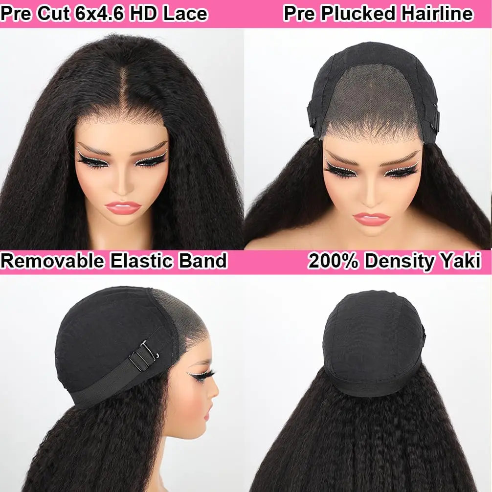 Wear and Go Glueless Wigs Human Hair Yaki Pre Plucked Pre Cut Kinky Straight 360 HD Full Lace Frontal Wigs Human Hair for Women