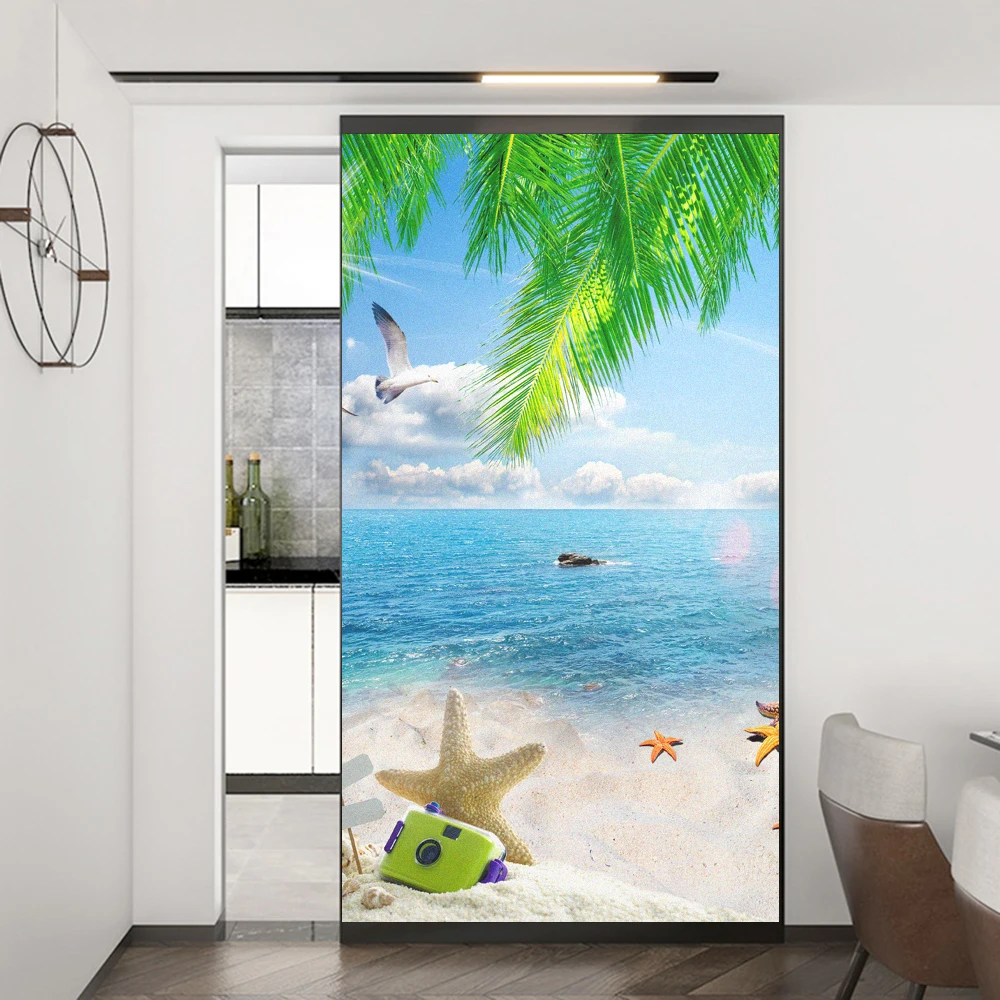 Static Cling Privacy Window Film Heat Control UV Blocking Window Glass Film Seaside Scenery Frosted Window Film