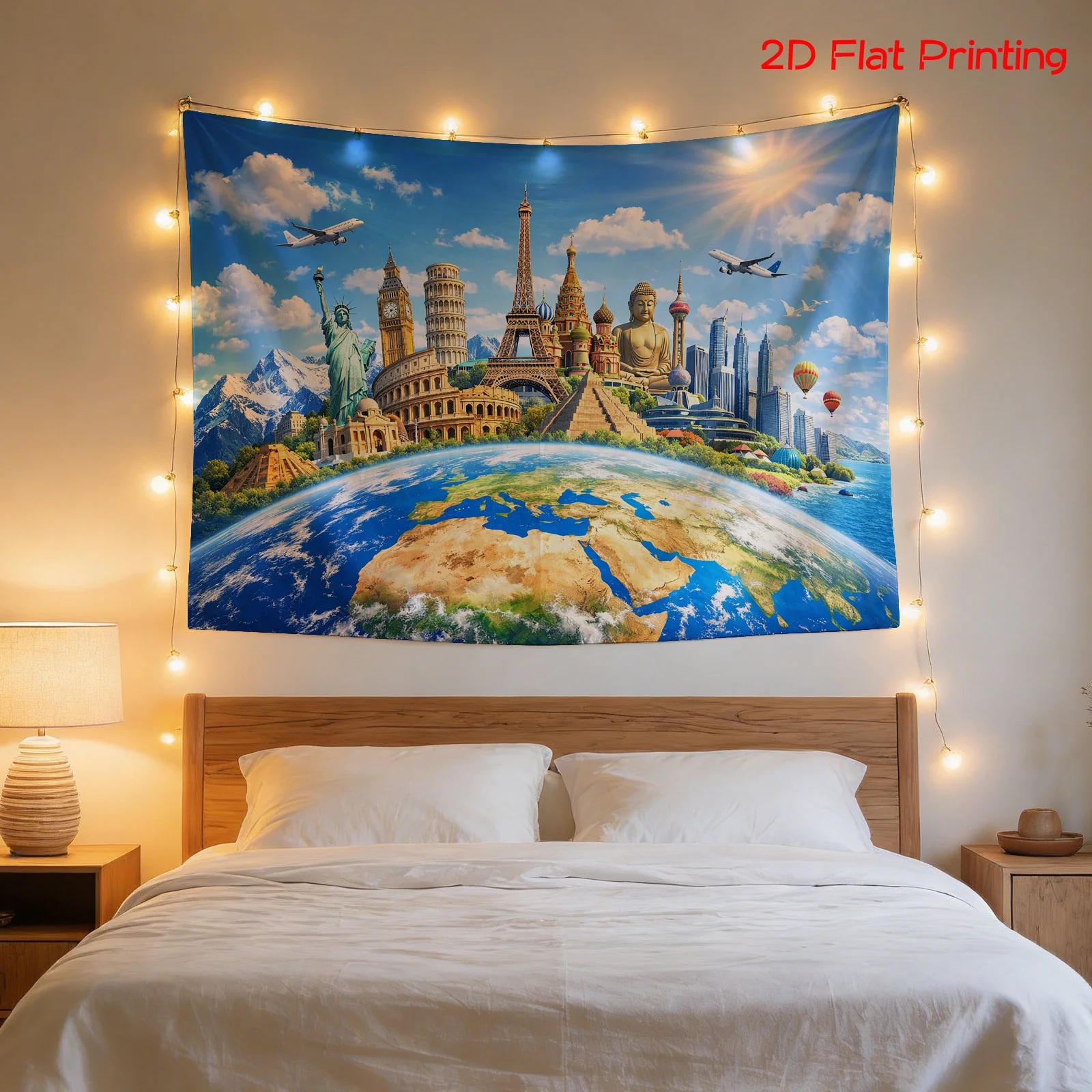 Vintage World Map Tapestry Canvas Print Home Decor Global Landmarks Art Poster Wall Hanging Polyester Decoration Travel World De