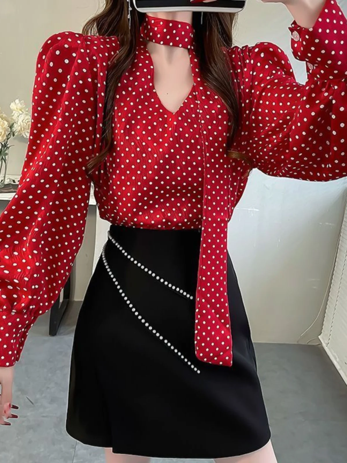 

Ele Polka Dot irt Long Sve Весенний Новый год висит Ne Цветочный дизайн Уникальный женский топ премиум-класса