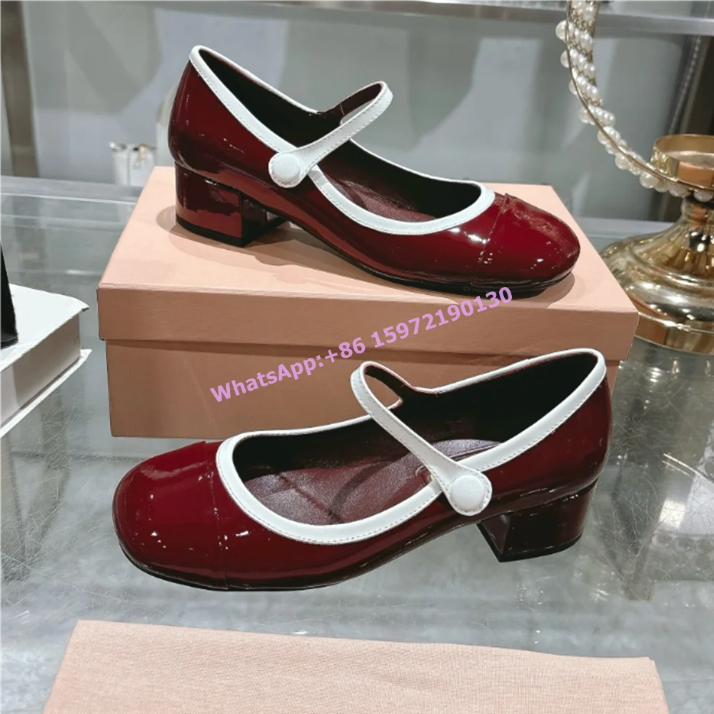 Burgundy White Shallow Pumps Round Toe Button Chunky Heels Patent Leather Shoes Patchwork Elegant Luxury Party Dress Shoes 2025