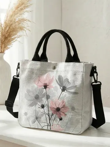 Watercolor Pink Gray Cosmos Floral Canvas Tote Bag Detachable Strap Crossbody Handbag For Women Daily Shopping