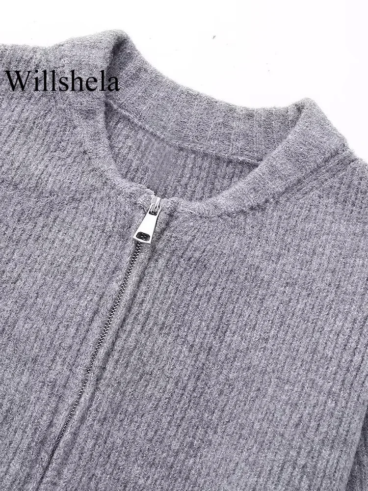 Willshela Women Fashion Grey Front Zipper Knitted Sweater Vintage O-Neck Long Sleeves Female Chic Lady Tops Outfits