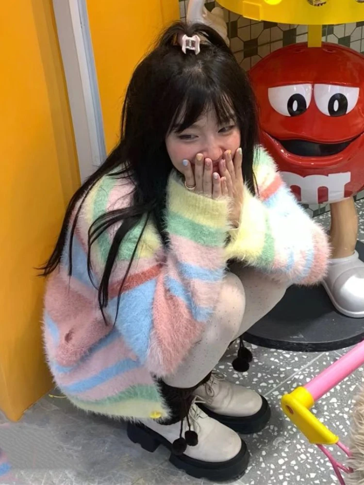 Rainbow Cashmere Women Knitted Cardigan 2024 Spring Korean Fashion Striped Harajuku Sweater Y2k Aesthetic Soft Sweet Tops