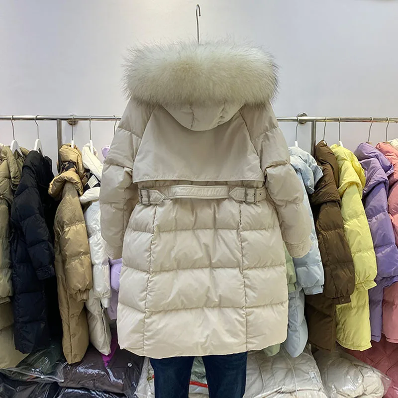 Grand Manteau Long à Capuche en Fourrure de Raton Laveur Naturelle pour Femme, Parka d\'Hiver à 90% de Duvet de Canard, Épaisseur de la Ceinture