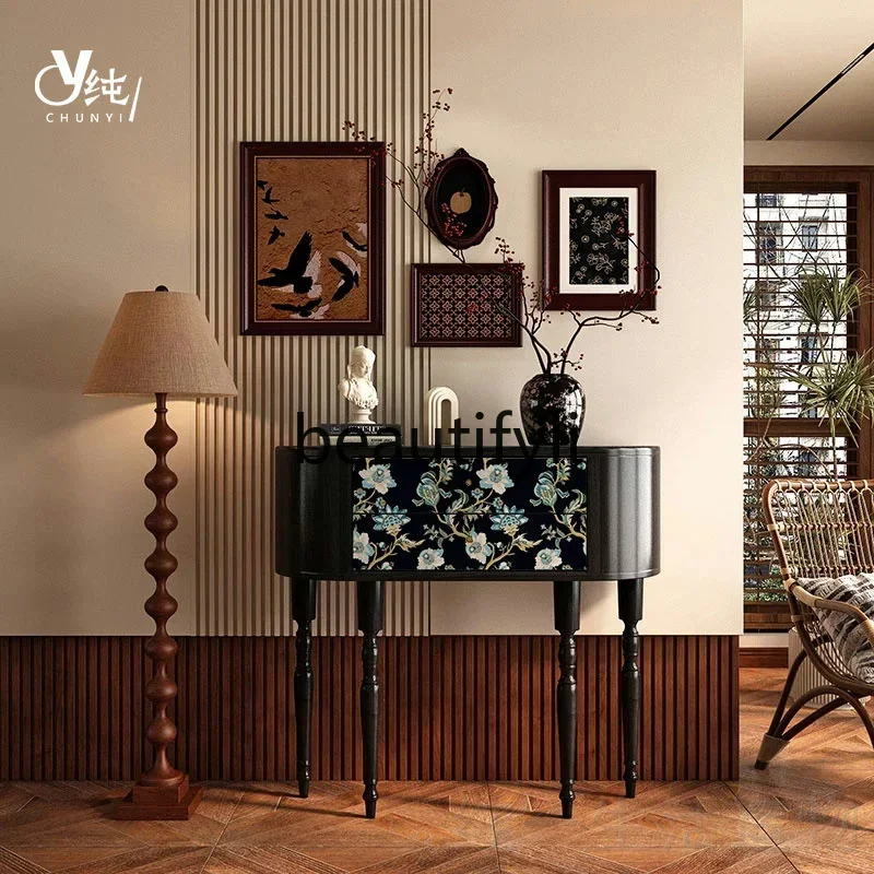cqy Vintage Style Solid Wood Entryway Table Wall Cabinet Storage Organizer Double Layer Drawer Chest