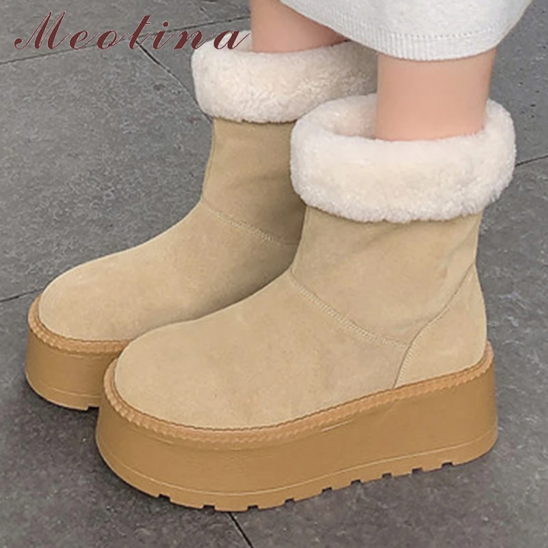 

Meotina Women Genuine Leather Ankle Short Boots Round Toe Flat Platform High Heels Wool Snow Boots Lady Fashion Shoes Winter 40