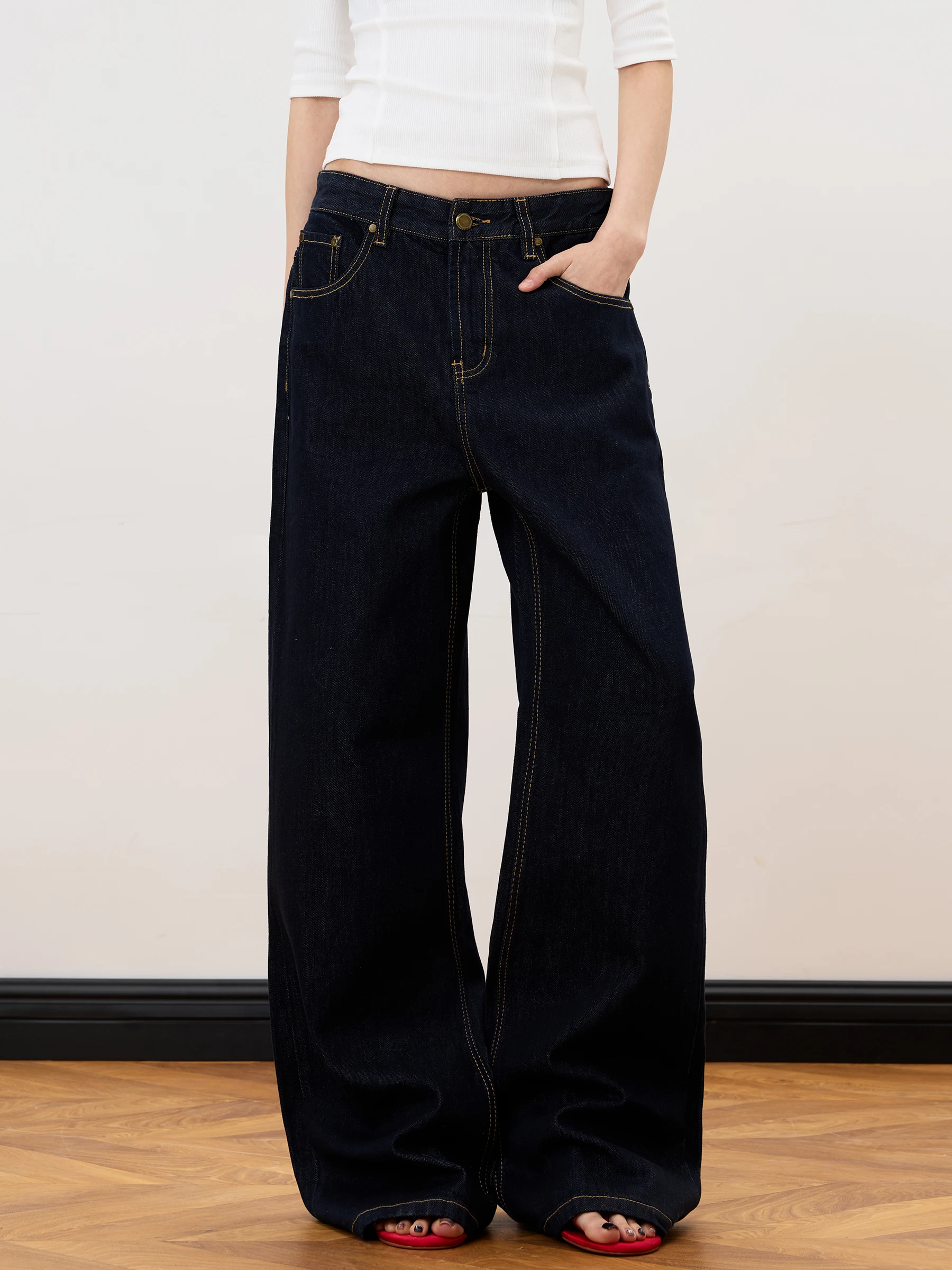 

Junecut American Retro Patchwork Original Color Jeans Loose Straight Leg Commute Casual Versatile Long Pants Ladies Jeans