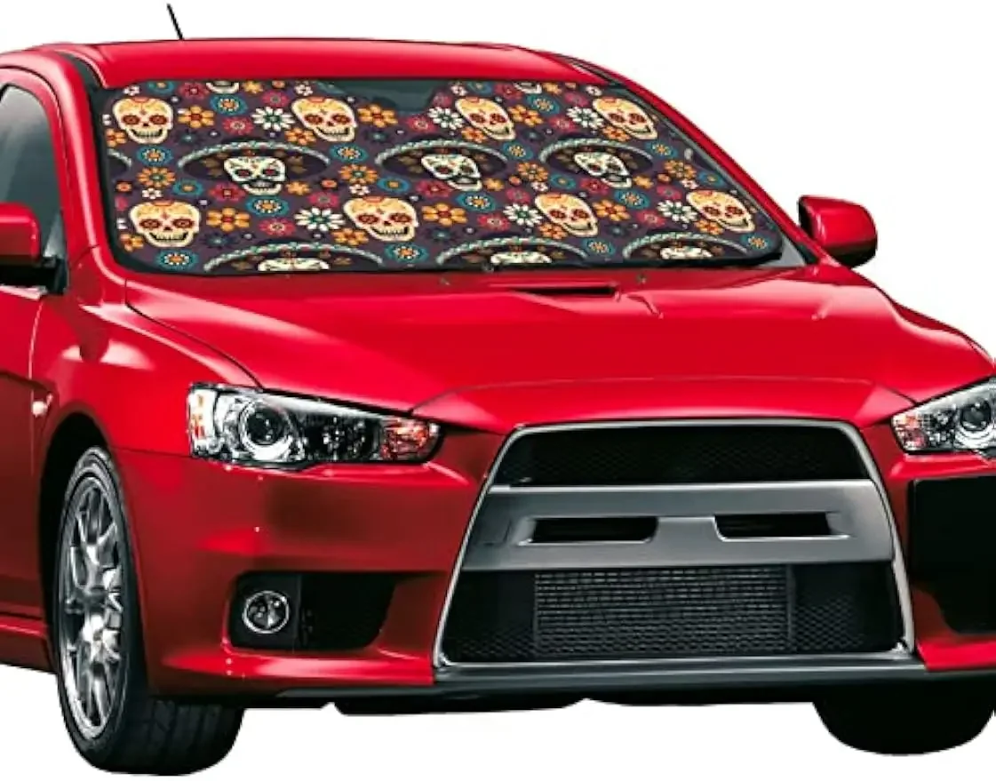 Day of The Dead Sugar Skull Flower Car Windshield Sunshade Sun Visor Protector Front Window Sun Shade Cover for Car SUV Truck