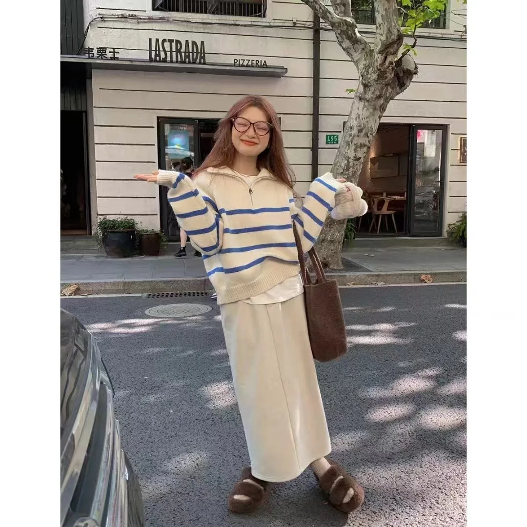 Fashion Striped Sweater Women Fall Winter Clothes Half Zipper Turndown Collar Jumper Pull Femme Knit Pullovers Tops Sueter Mujer