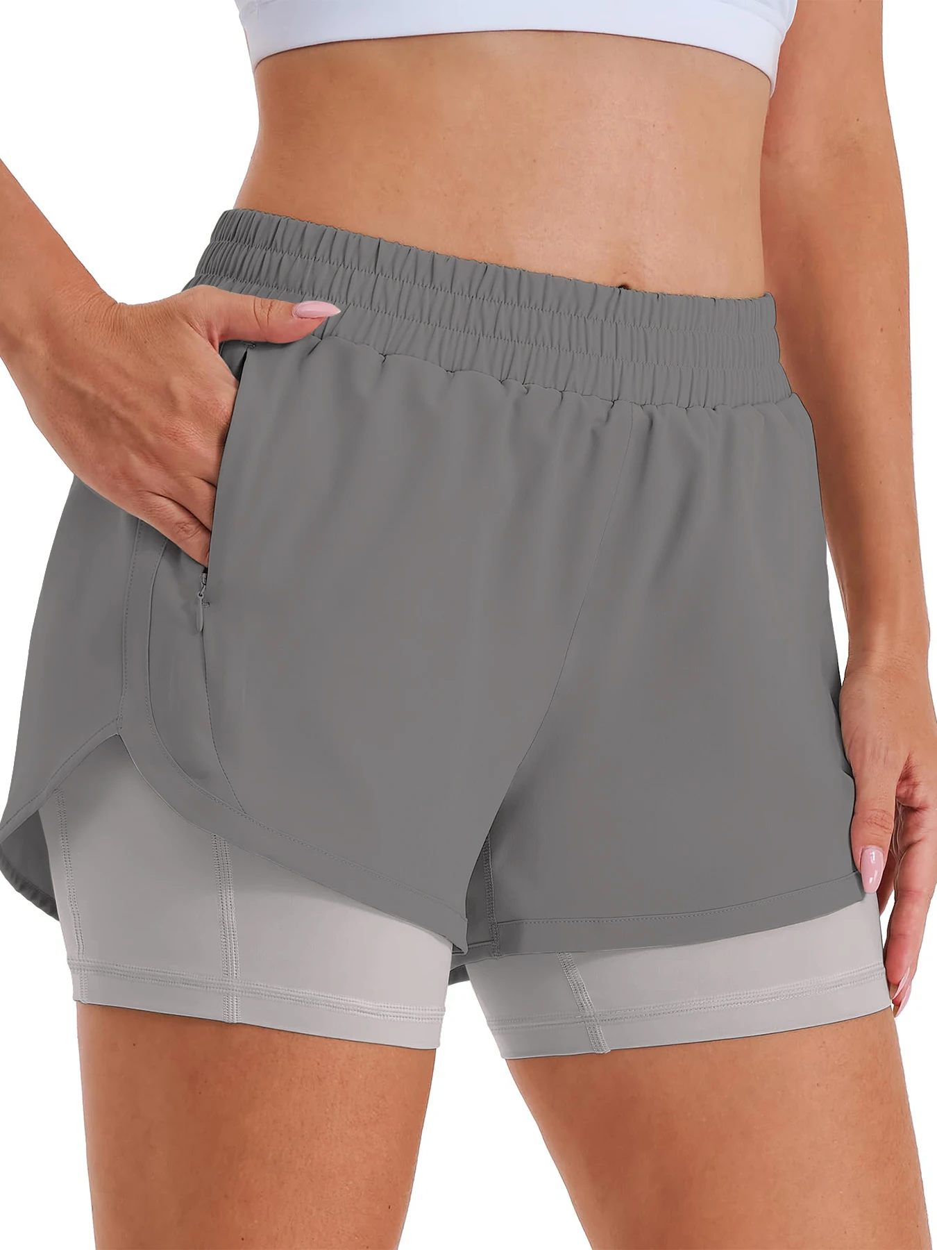 2-in-1 Freizeit-Sportshorts für Damen, Laufshorts, Sportshorts mit hoher Taille und gefütterten Reißverschlusstaschen – Detail 13