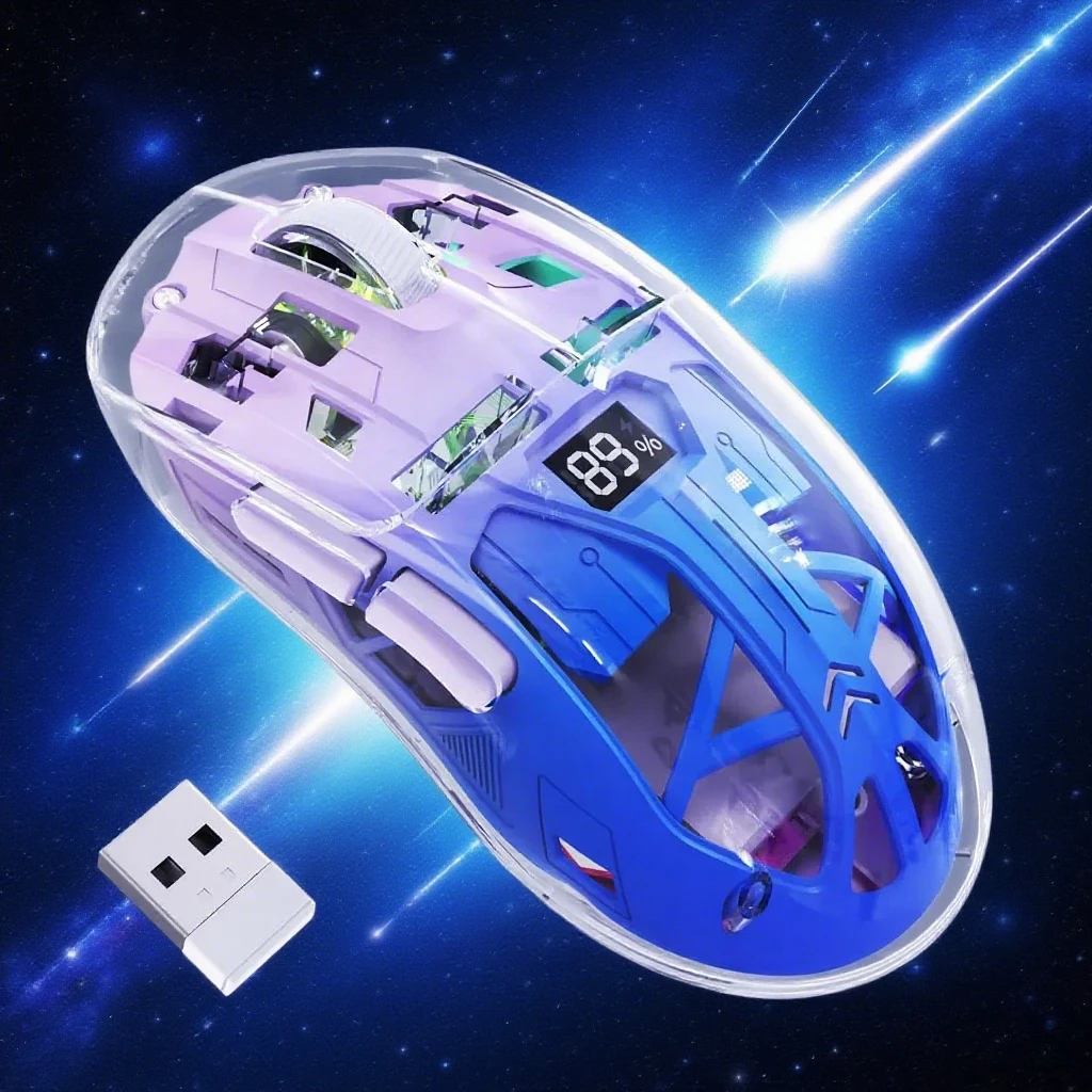 

Беспроводная мышь Free Wolf A2 — двойной режим (2,4G/BT), прозрачный корпус, RGB-подсветка, игровое/офисное использование, эргономичный дизайн