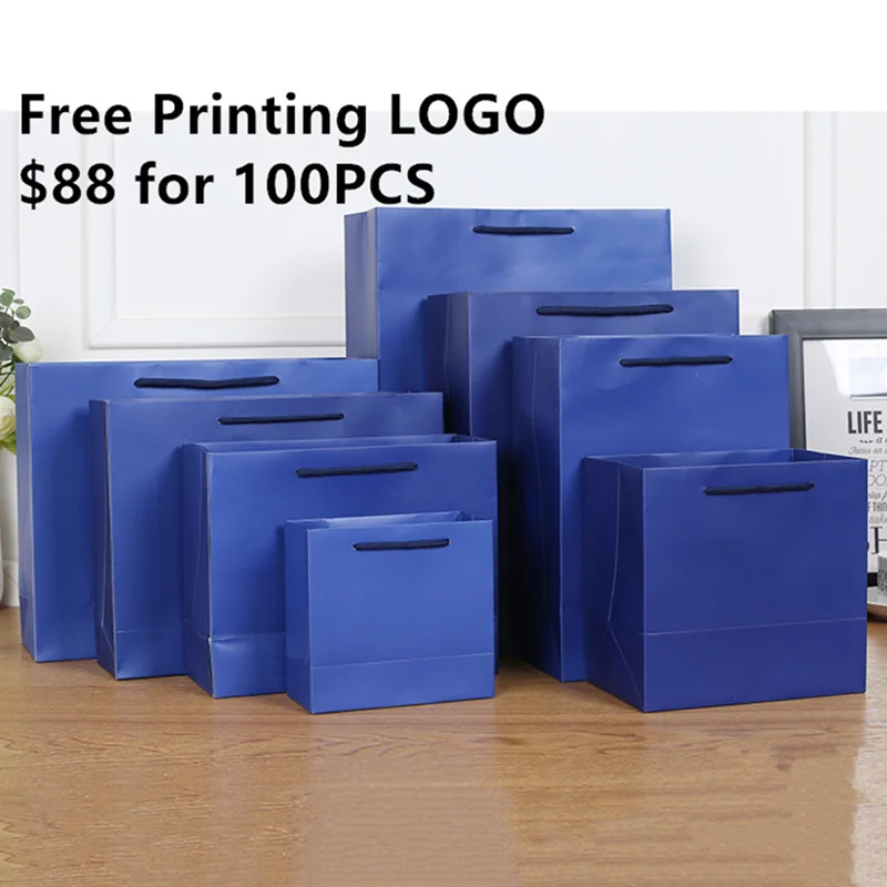 

Dark Blue Paper Gift Bag Free Printing Monochrome LOGO 100PCS/LOT Party Candy Bag Shopping Bag Carries Bag