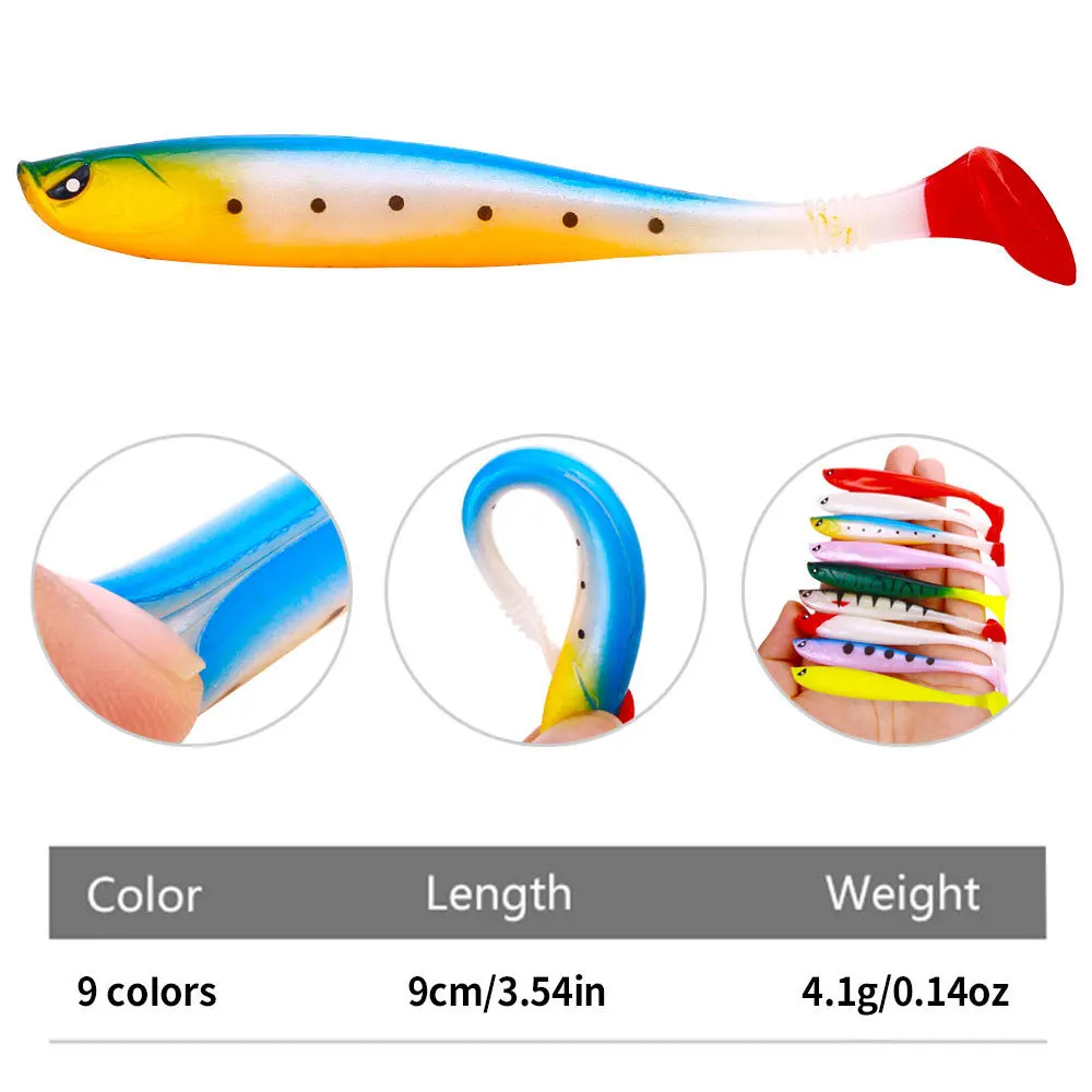 9cm/4.1g Softbait 6pcs Saltwater Freshwater Shad Swimbait Black Minnow Vinyls Worms Jigs Silicone Artificial Bait Fishing Tackle