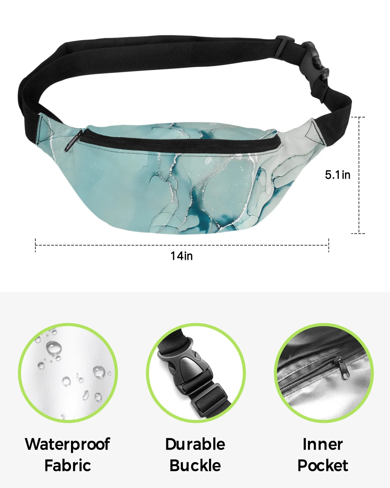 Marble Aqua Waist Bag Women Men Belt Bags Large Capacity Waist Pack Unisex Crossbody Chest Bag