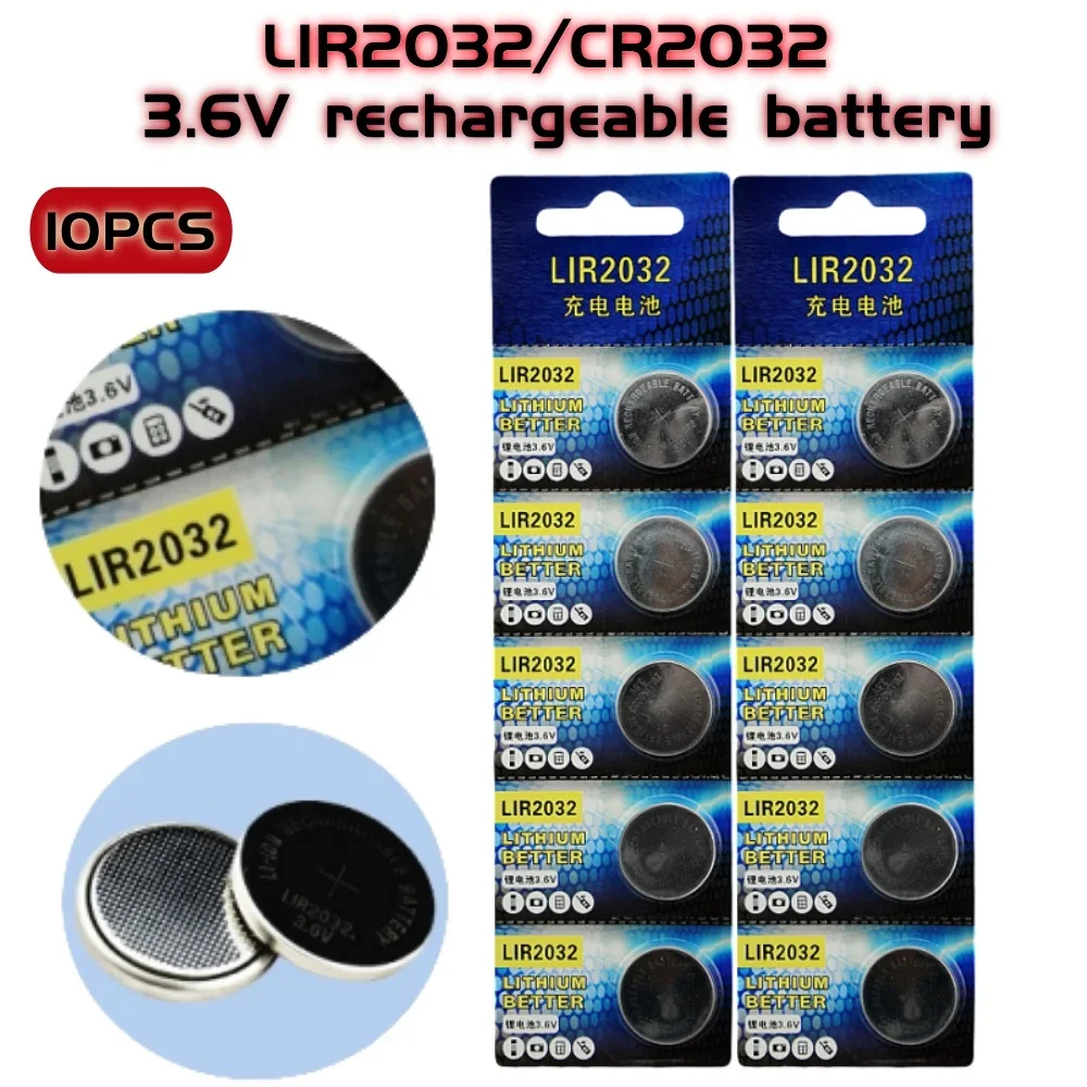 10PCS LIR2032 Conveniently Rechargeable Battery 2032 Lithium charging Can Replace 3.6v 40mAH CR2032 for watches Coin Battery