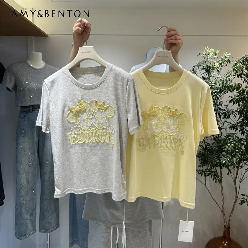 

Women's Pure Cotton Short-sleeves T-shirt 2026 Summer New Sweet Versatile Stylish Embroidered Cartoon Loose Slimming Top Tees