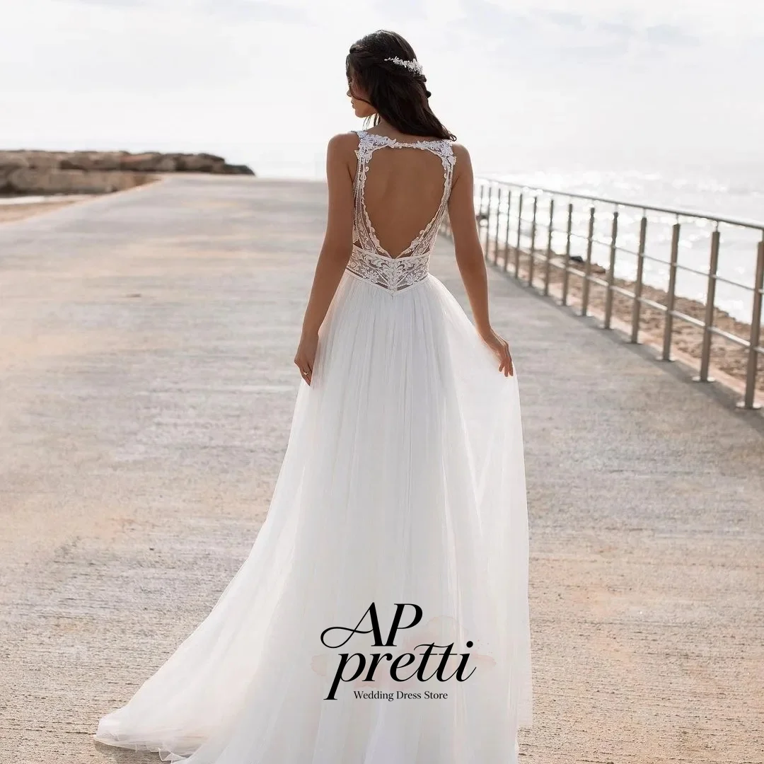 AP pretti Fantasy Tulle Wedding Dress Saudi Arabia  V-Neck Customized Sleeveless Floor-Length Bridal Gown Vestidos Novias Boda