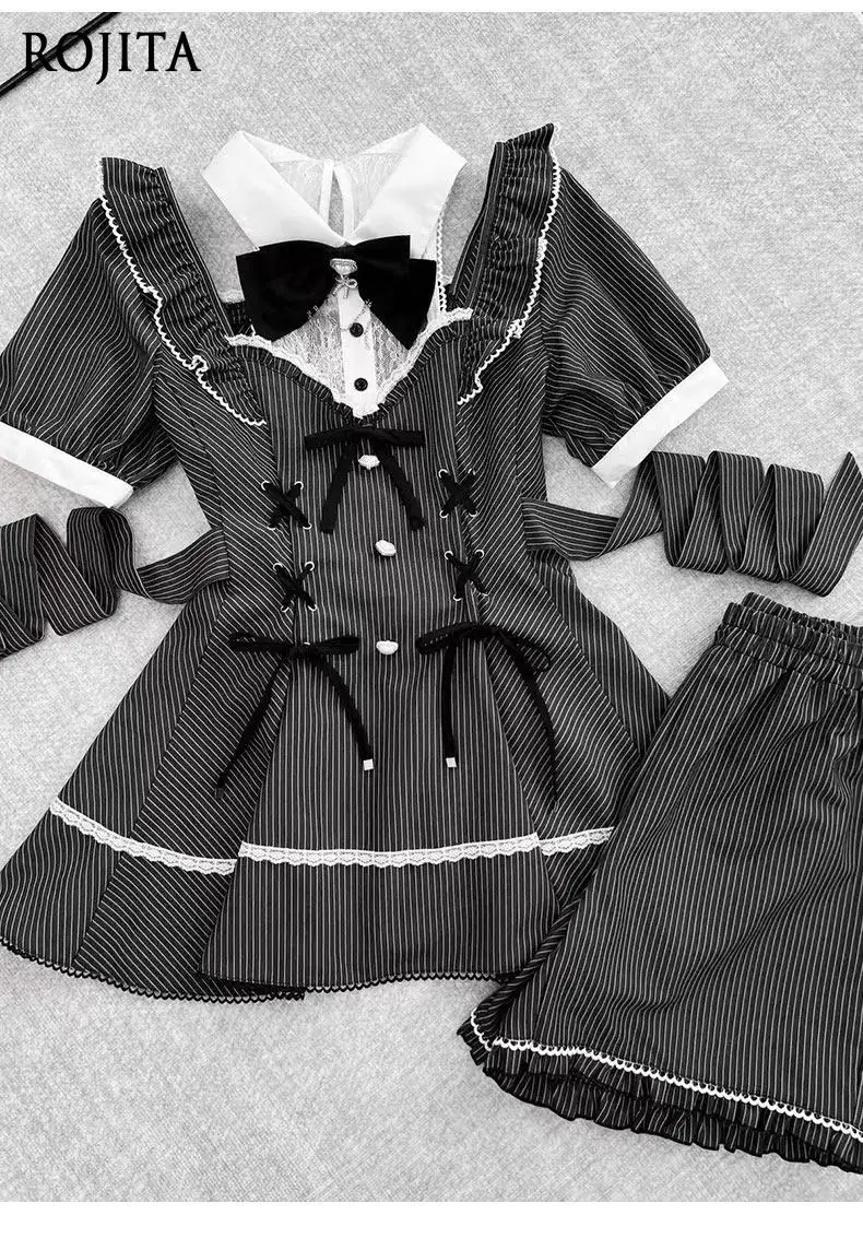 

4XL Striped Preppy 2-Piece Set Summer Short Sleeve Long Waist Strap Lace Shirt and High-waisted Ruffle Shorts Set