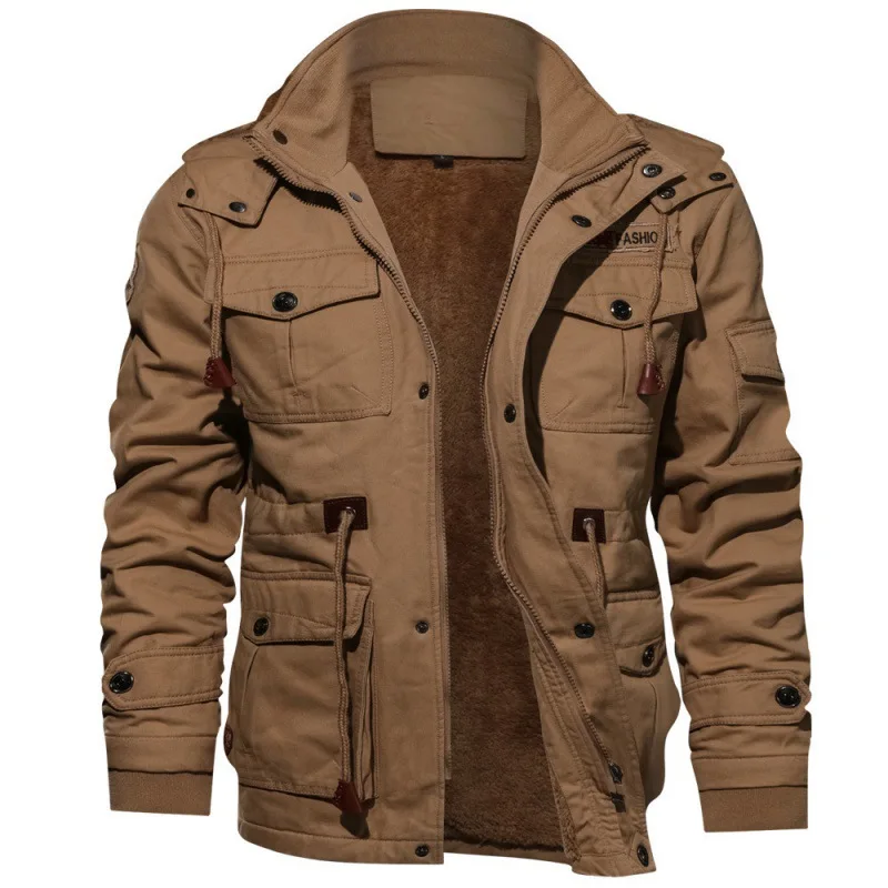 Men's Jackets Winter Hooded Plush Thickened Coat Long Work Clothes Brand High Quality Khaki Coats For Men