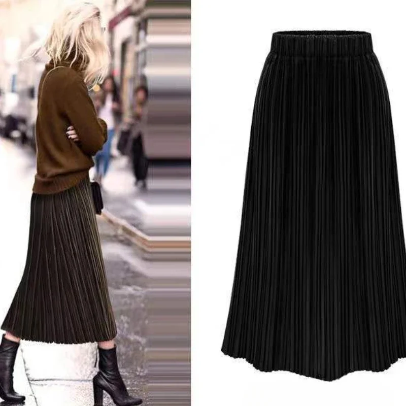 Pleated Long Skirts for Women Autumn Winter Velvet Baggy Faldas Simple Warm High Waist Casual European Style All-match Ladies