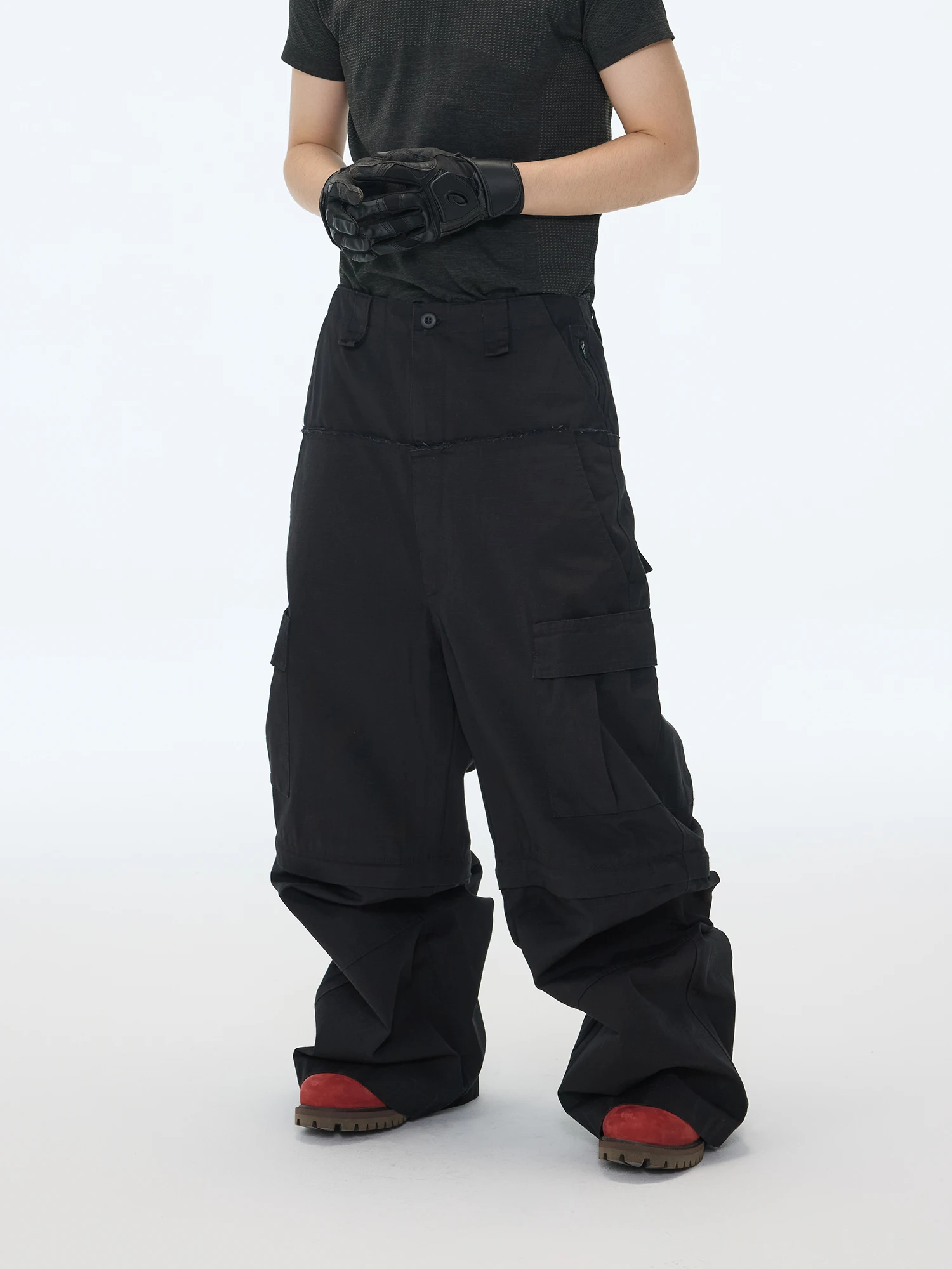 

ASTT 25AW Deconstructed Double Waist Patchwork Low Waist Multi ket Loose Removable Wide Leg Work Trousers Loose Fit Street...