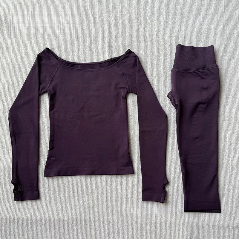 Denyf Vision GYM Women Sets 2Pcs Seamless Off Shoulder Long Sleeve Yoga Top & Peach Butt Capris Stretch Cropped Leggings Suit