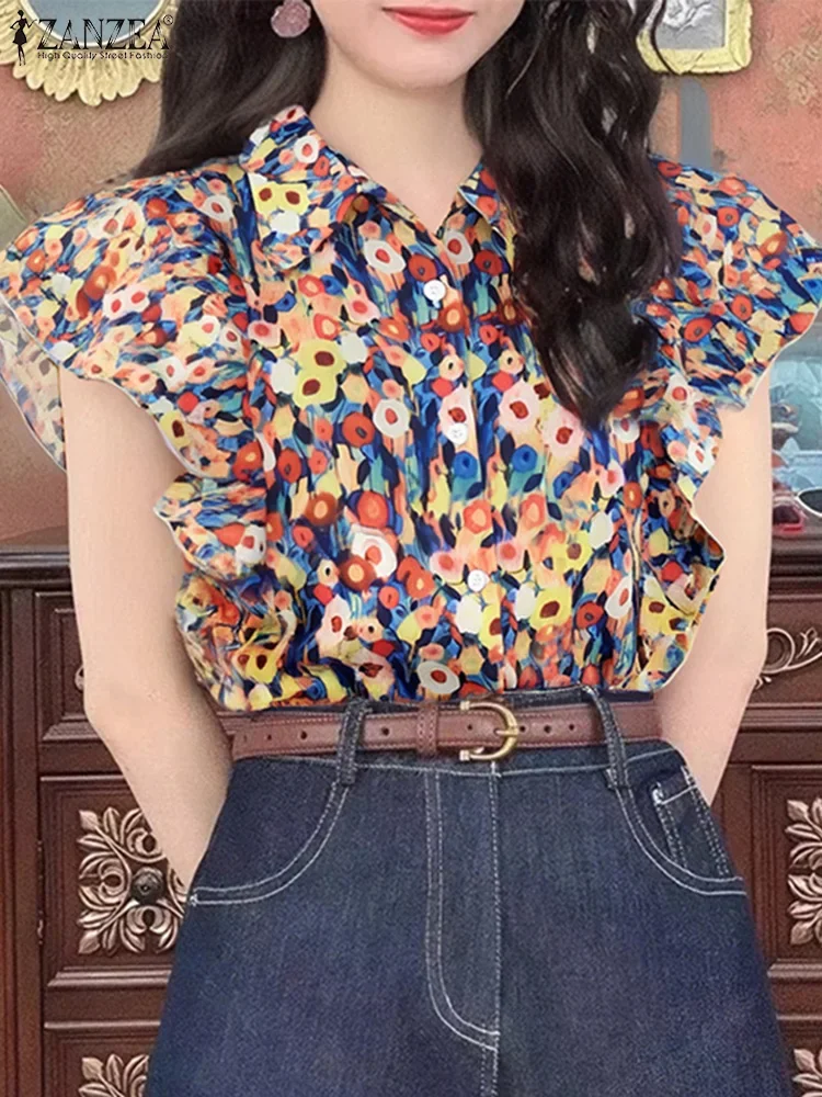 

ZANZEA Bohemian Women Floral Print Shirts Fashion Summer Tops 2025 Casual Short Sleeve Ruffled Blouse Lapel Holiday Beach Blusas