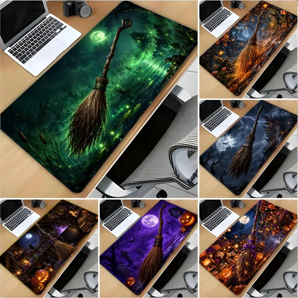 Halloween Broomstick Mouse Pad Large Mouse Pad Desk Mat Non‑Slip Gaming Board Game Mat with Stitched Edges