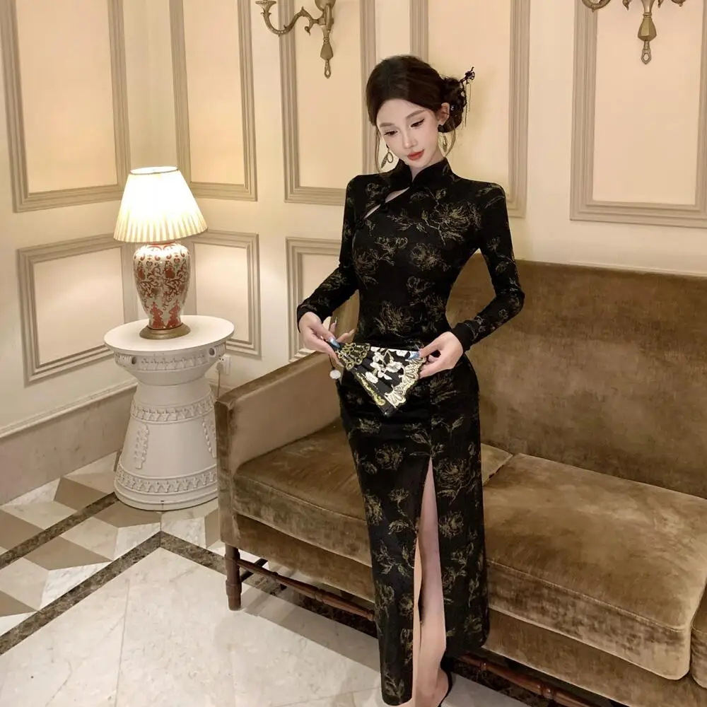 

Дышащая длинная блузка Ele Vintage с золотым принтом и цветочным узором для повседневной носки, для молодых женщин, с эффектом стройности