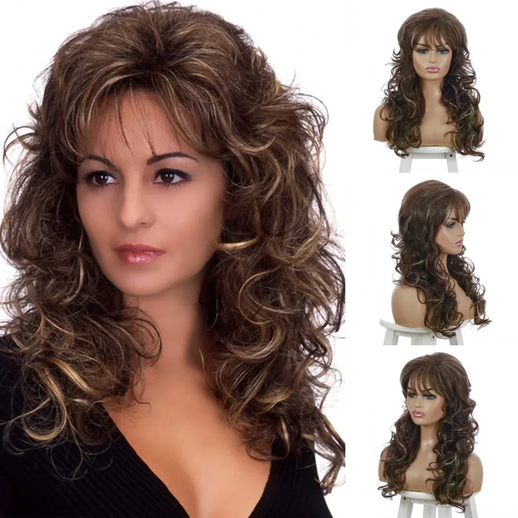 

Long Black Brown Gloden Wavy Wig with Neat bangs Synthetic Hair Highlights Cosplay Heat Resistant Wigs for Women