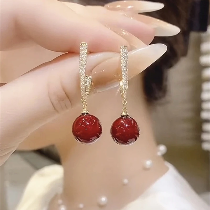 Retro Trendy Simulated Pearl Drop Earrings Red Round Ball Bead Dangle Long Earring For Woman Fashion   Jewelry Accessories