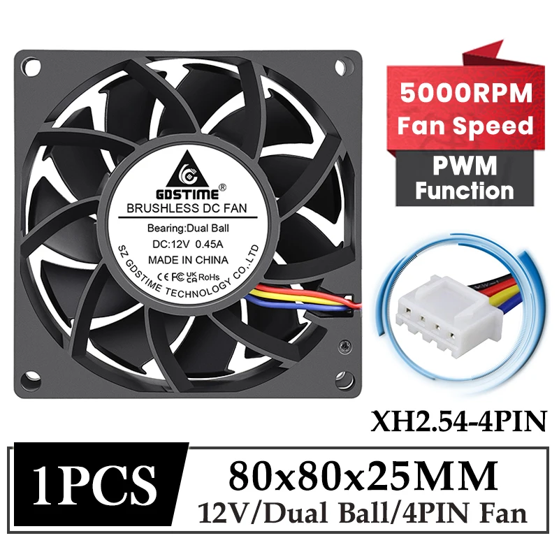 

GDSTIME DC 12V Fan 80x25MM Brushless Axial Cooler 80MM PC Computer High Speed Booster Fan 8025 Dual Ball 4PIN With PWM Function