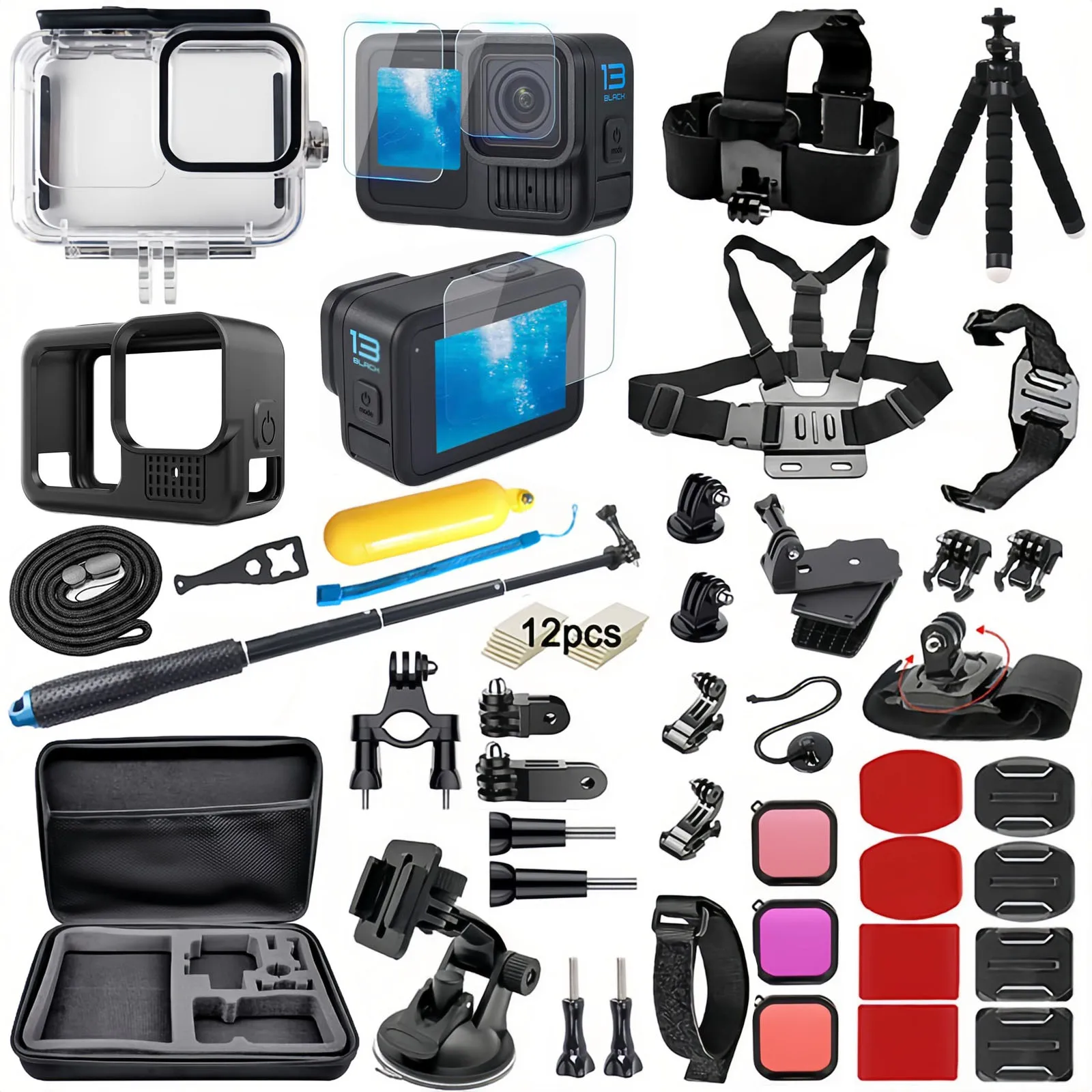 BMUUPY Zubehör-Set für GoPro Hero 13 Black - 50M Wasserdichtes Gehäuse, Gehärteter Glas-Displayschutz, Kopf-/Brust-/Handgelenk-Halterung, Selfie-Stick, Mini-Stativ, Filter, Große Tragetasche für GoPro