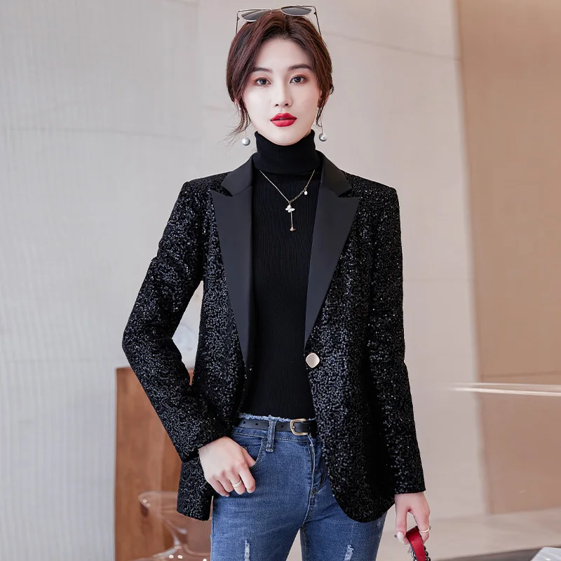 Spring Women Sequined Small Blazer Feminino Shining Pockets Long Sleeve Outerwear Vintage Female Casual Office Lady Work Tops