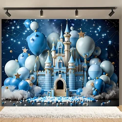 Charming Blue Castle & White Balloons Backdrop - Versatile Polyester Decor For Birthdays, Baby Showers, Photo Booths & More