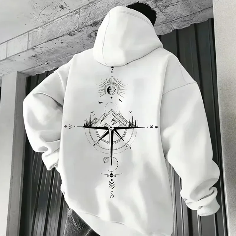 Men Compass Mountain Graphic Hoodie Back Print Pullover Sweatshirt Autumn Long Sleeve Outdoor Travel Streetwear Hooded Tops