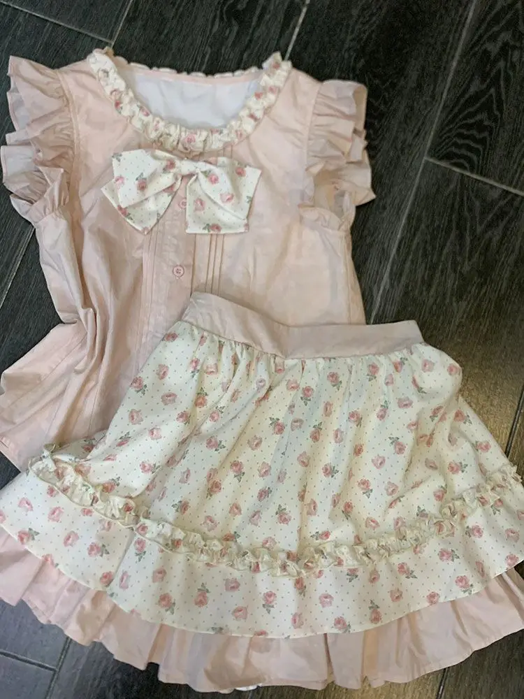 Summer Cute Girl Bow 2 Piece Dress set Pink Sweet 2000s Kawaii Shirt Short skirt Y2k Women Sexy Gyaru Party Dresses Kpop Clothes