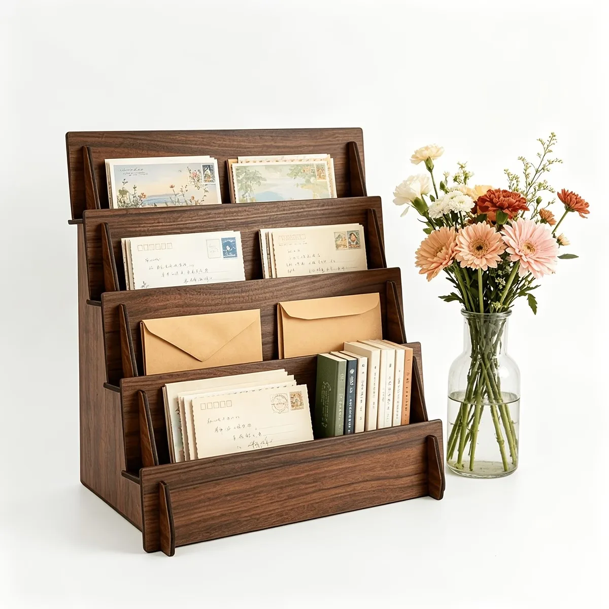 Latest Models Card Display Stand Wood Postcard Holder Desk Bracket Card Organizer 4 Layer Decorative Shelves Office Gift