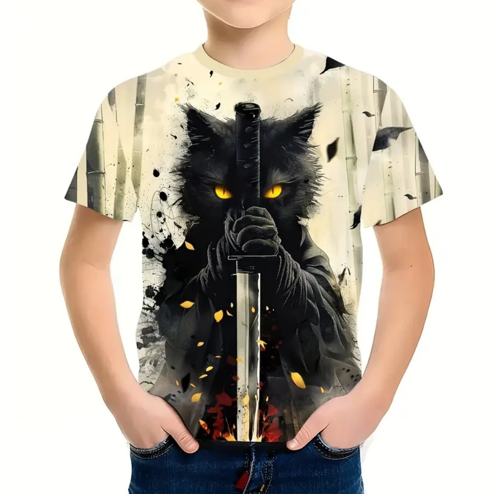 Kinder Kleidung Sommer Kurzen Ärmeln Tops 3D Druck Coole Katze Grafik T Shirts Outdoor Fashion Street Style Kinder jungen Kleidung – Detail 9