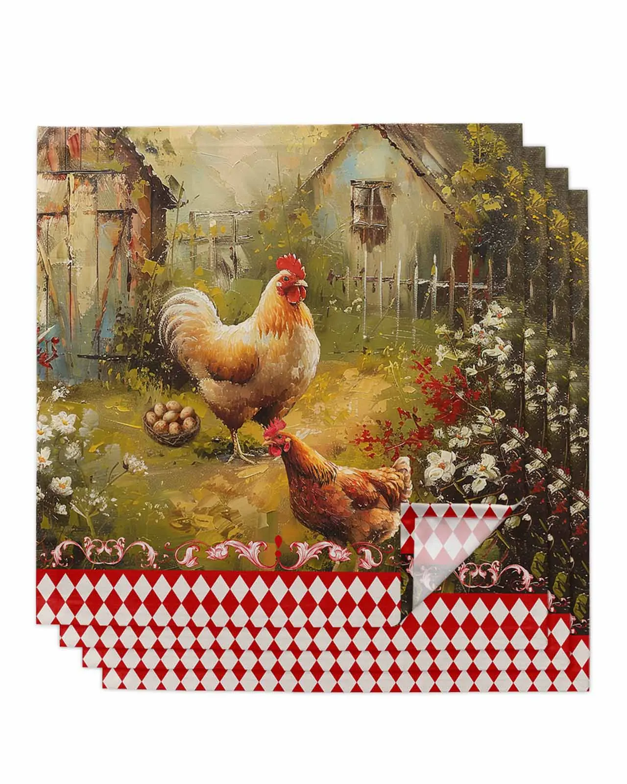 

4pc Retro Country Farm Hen Table Napkins Set Dinner Handkerchief Towel Napkins Cloth for Wedding Party Banquet