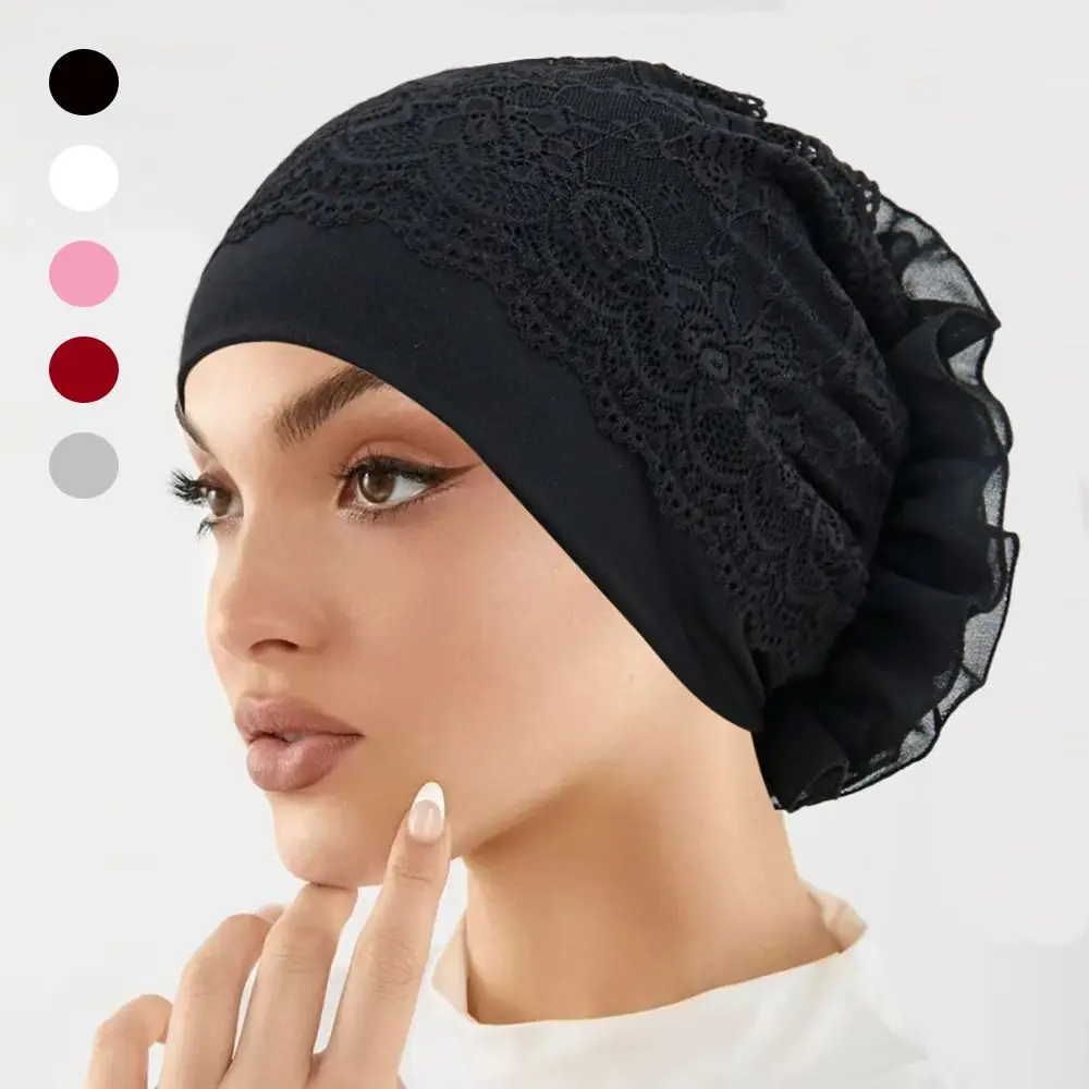 

Flower Design Elegant Hijab Cap Solid Color Breathable Headscarf Hat Soft Lace Edge Women's Hijabs Women Headwear