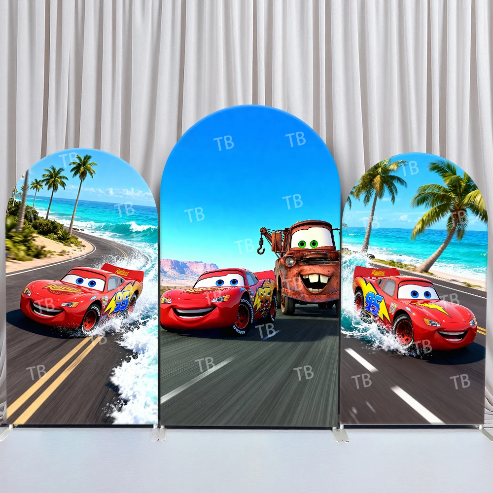 

Disney Pixar Cars Arch Backdrop Cover Birthday & Baby Shower Beach Highway Palm Tree Wave Theme for Kids Party Photo Booth Decor