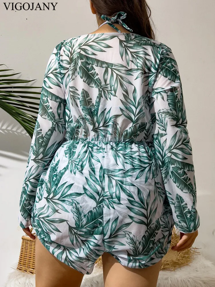 VigoJany 2025 Print 3-częściowy długi rękaw Smock Plus Size Bikini Set Kobiety Wysoka talia Duży strój kąpielowy Push UP Chubby Strój kąpielowy