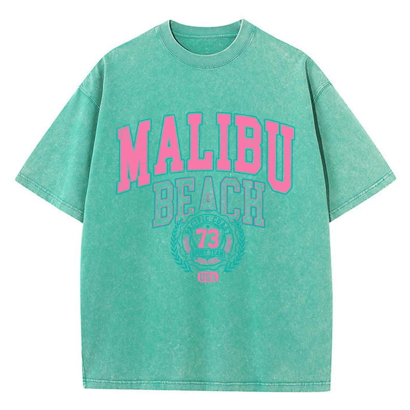 Street Women Cotton Washed T-Shirt Malibu Beach Simple Letter Printing Print Tee Shirt Fashion Loose Tops Casual Female Clothes