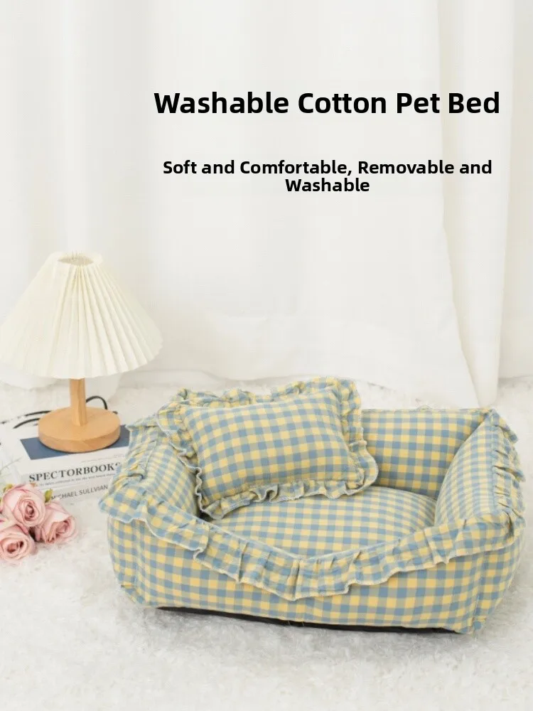 

Съемная лежанка из чистого хлопка для маленьких собак, осенне-зимняя, теплая, с кружевным дизайном, квадратная, в форме гнезда