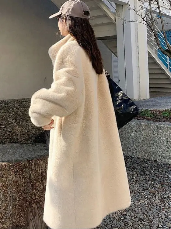 Casaco Feminino de Pele Ecológica de Coelho Aquático com Gola Longa, Veludo de Mink, Quente, Cor Pura, Casual