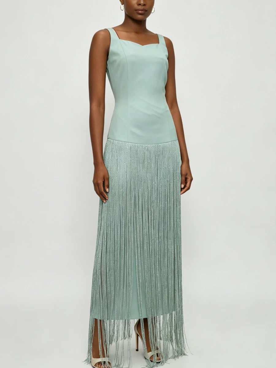 VGH Green Loose Spliced Tassel Dresses for Women Square Collar Sleeveless Luxury Intellectual Dress Female Summer Fashion New